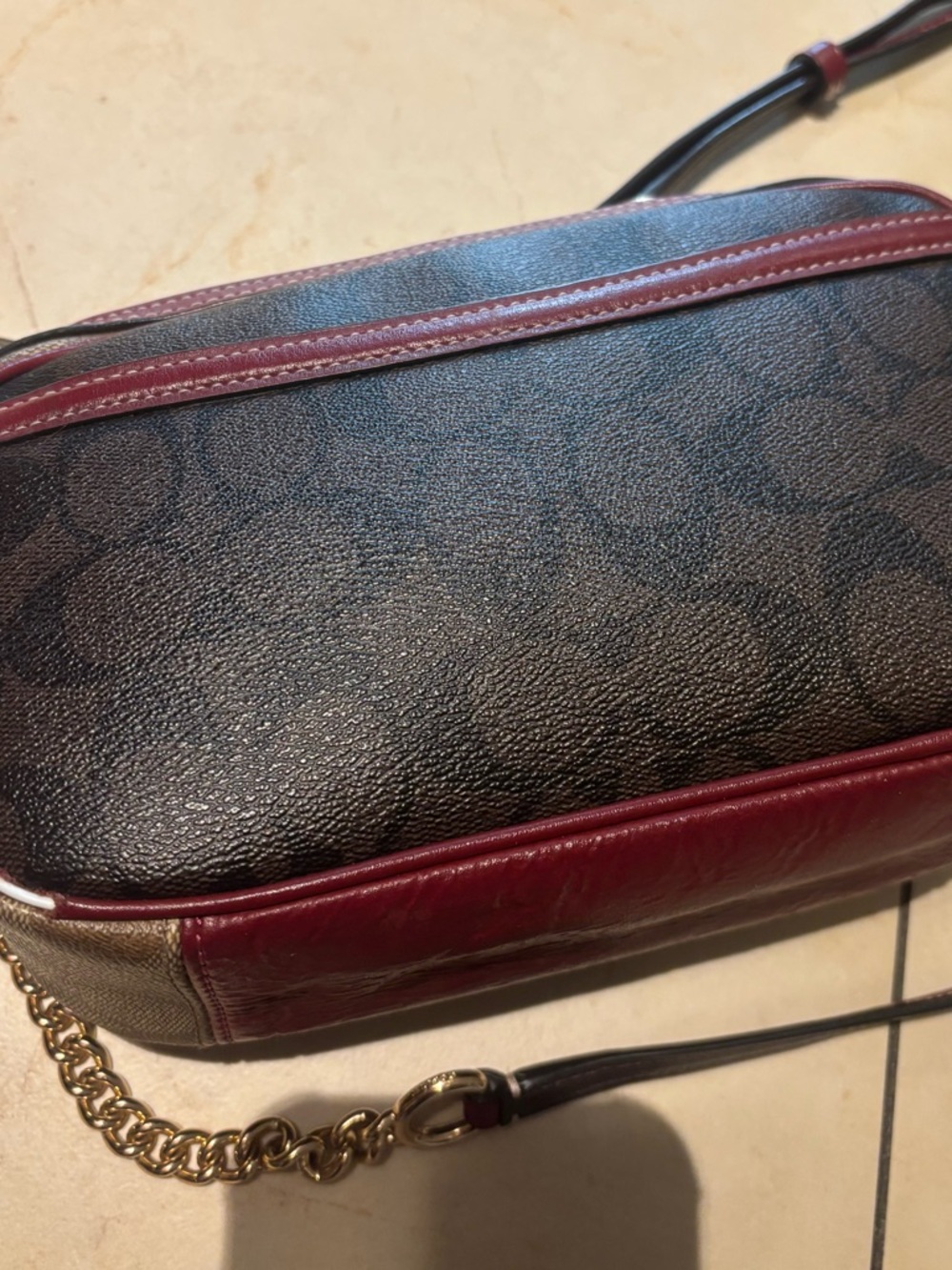 Coach Brown Signature Canvas Crossbody with Burgundy Trim - Picture 5 of 7